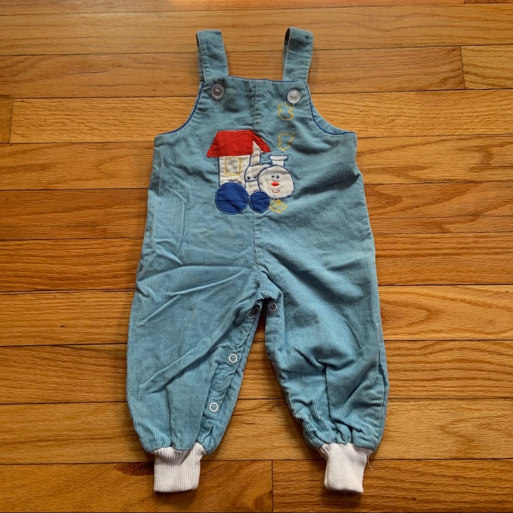 VINTAGE Infant corduroy overalls train embroidery